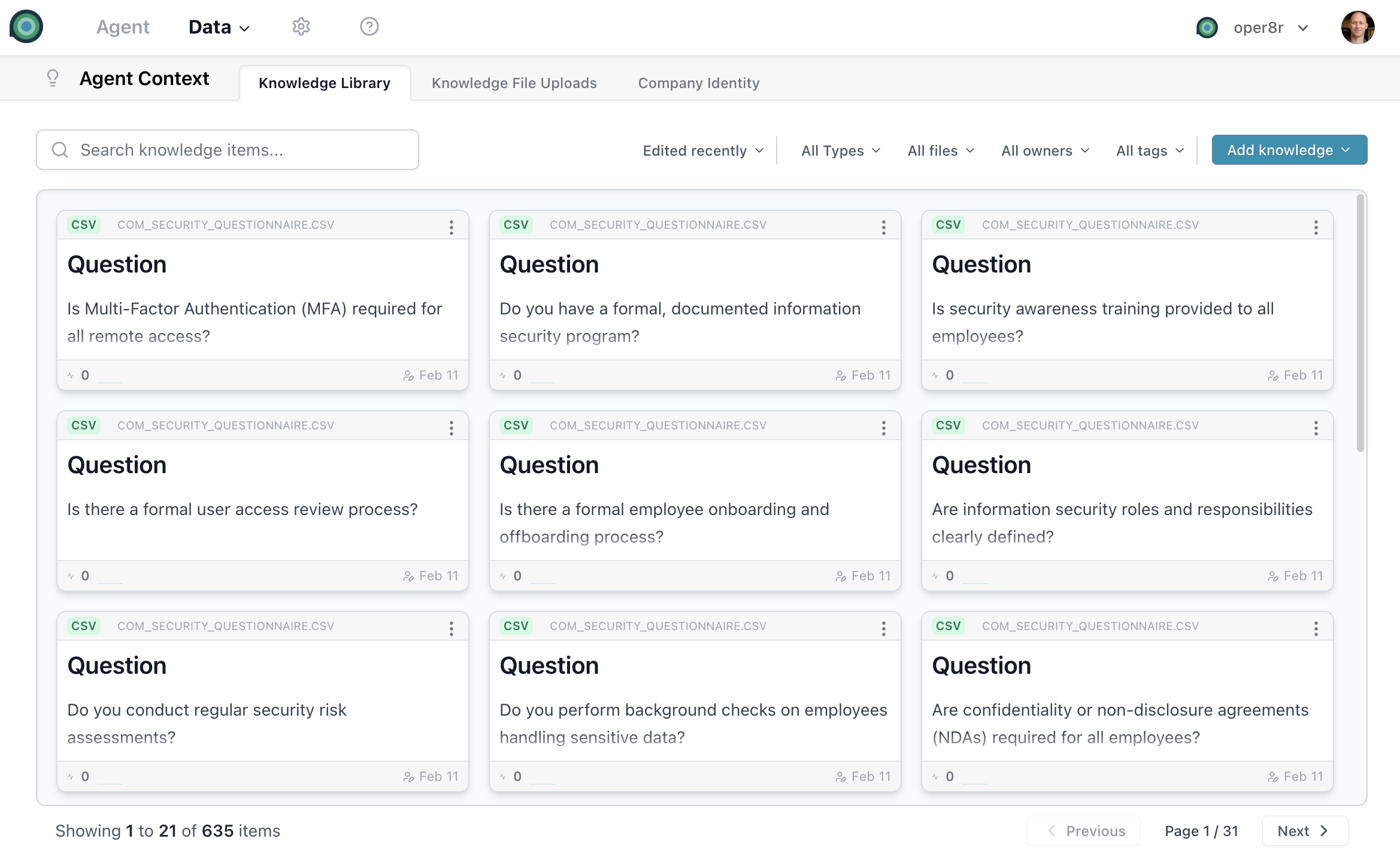 Knowledge Library grid view showing knowledge item cards with tags, owners, and metadata