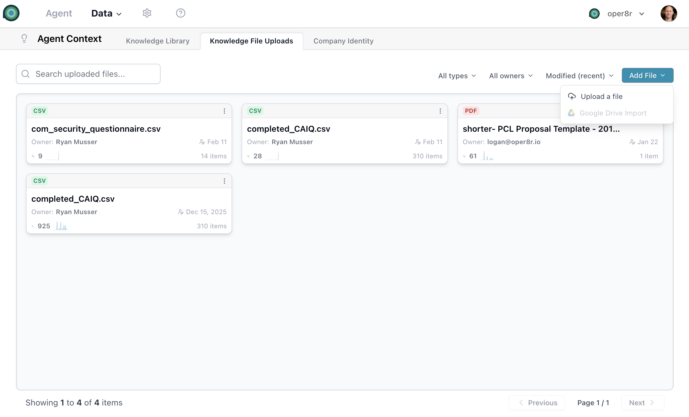 File upload interface with drag-and-drop zone for uploading RFPs, FAQs, and other documents