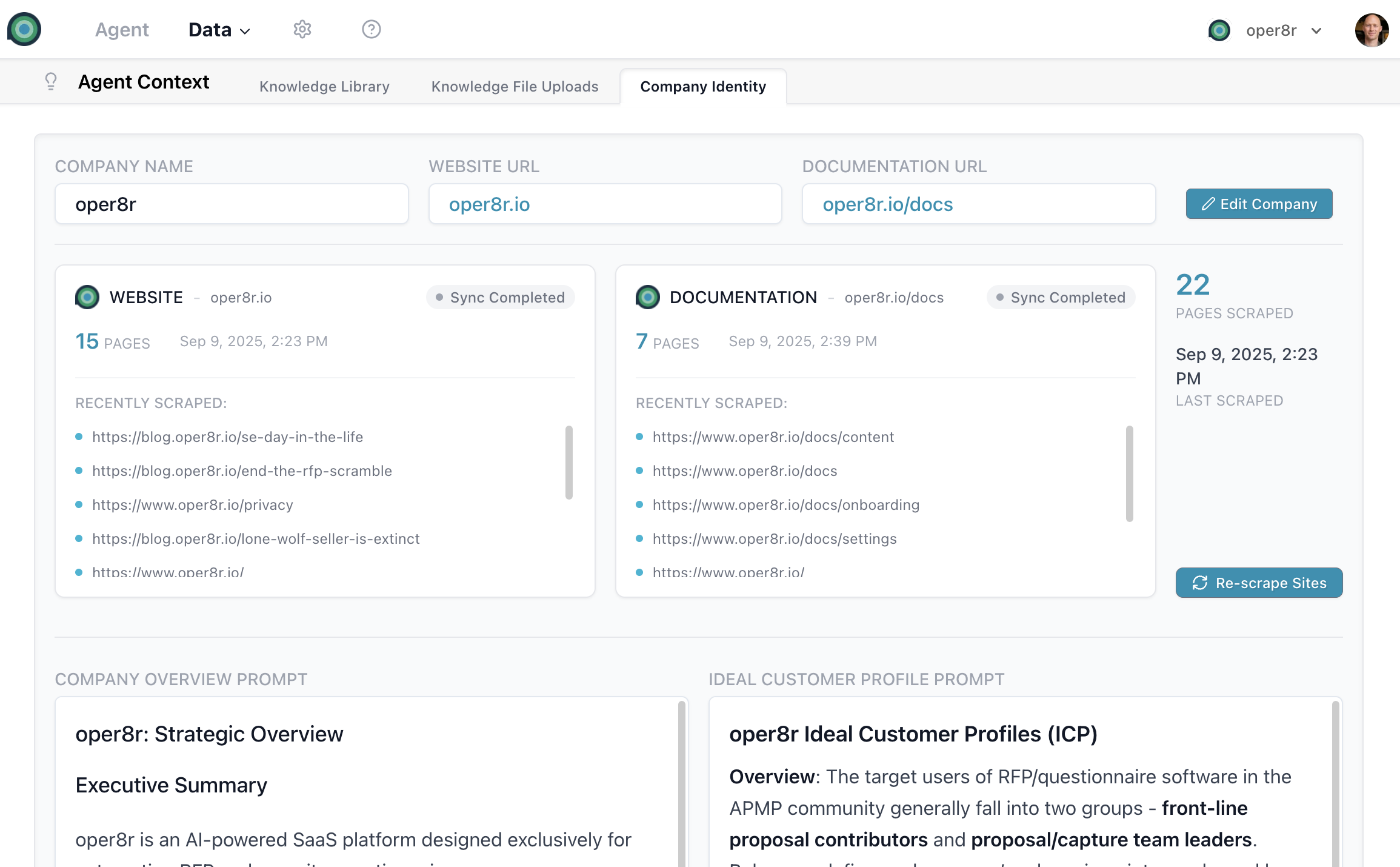 Company Identity form with company name, website URL, and documentation URL fields