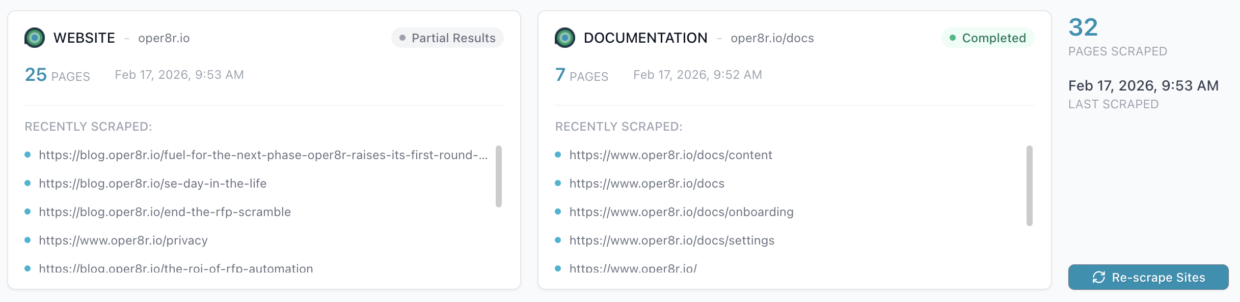 The Scrape Status Card shows context on what pages oper8r has scraped on your company
