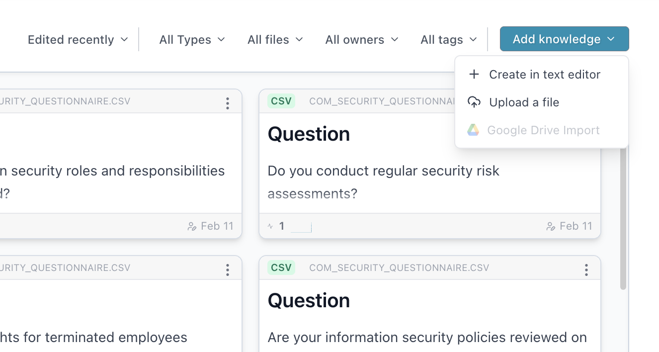 Add knowledge dropdown menu showing options to create via text editor, upload a file, or auto-generate