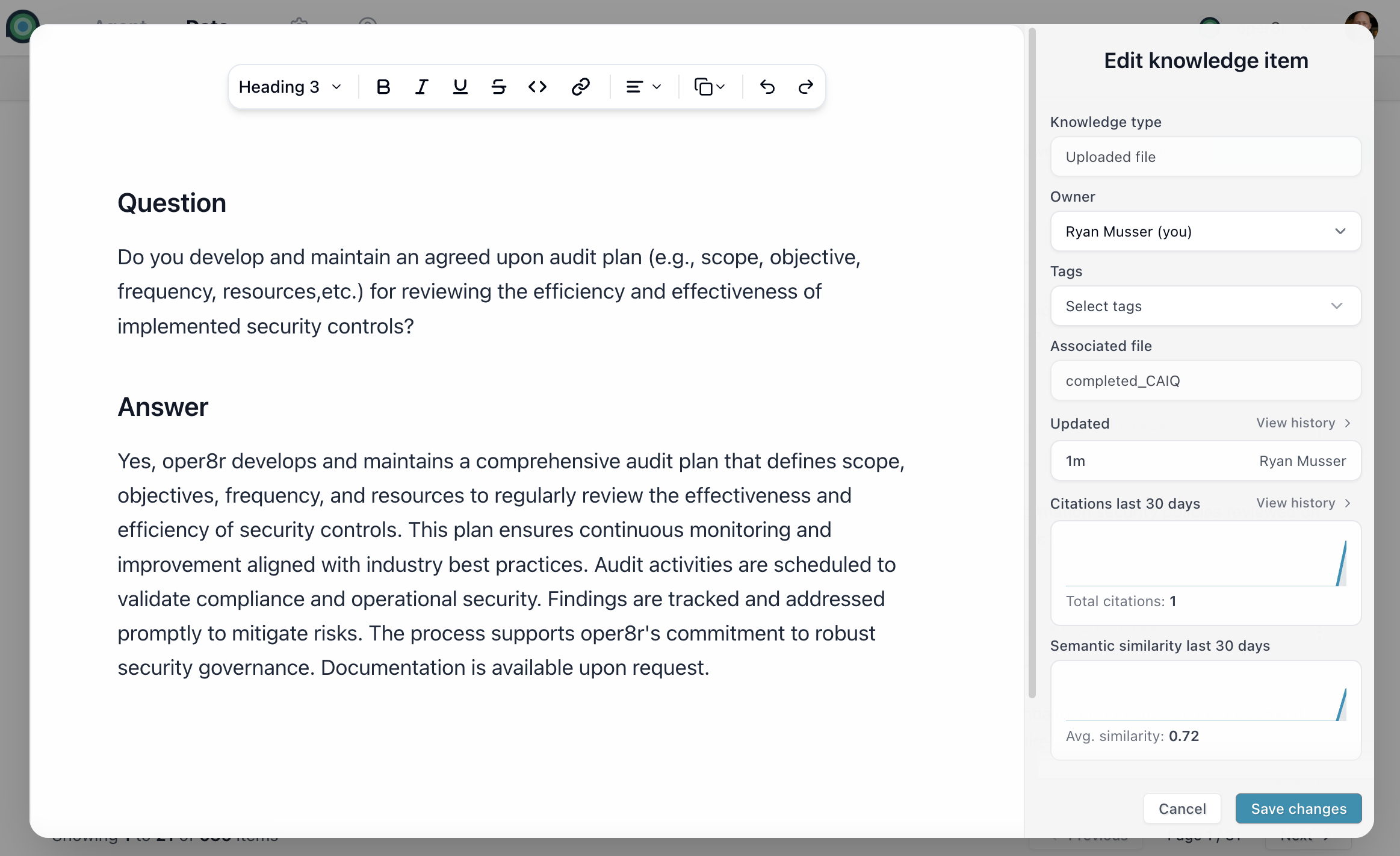 Knowledge item detail modal with markdown editor on the left and metadata sidebar on the right