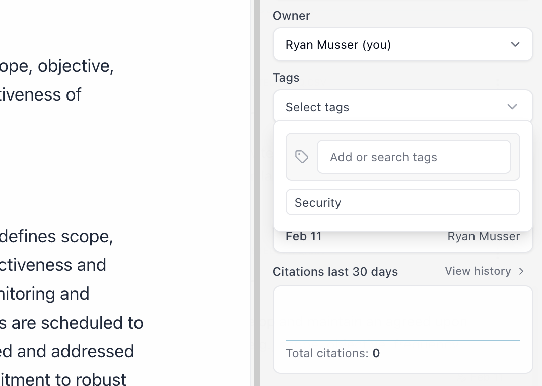 Tag management interface showing user-defined tags applied to a knowledge item