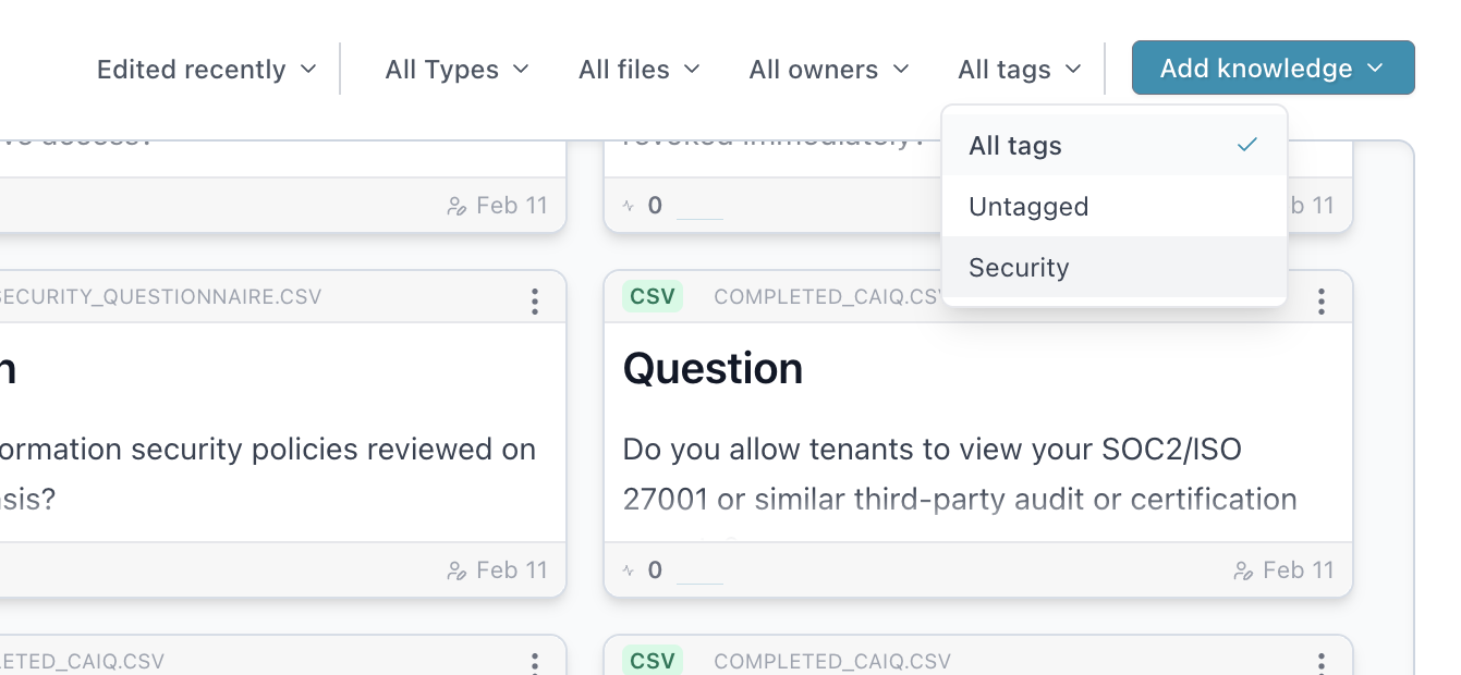 Filter dropdowns for type, file, owner, and tag with active filters applied