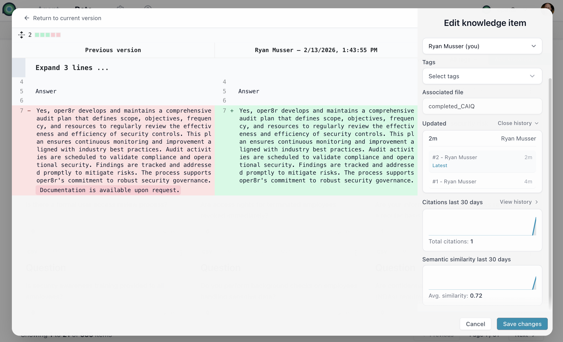 Side-by-side diff view comparing two versions of a knowledge item with changes highlighted