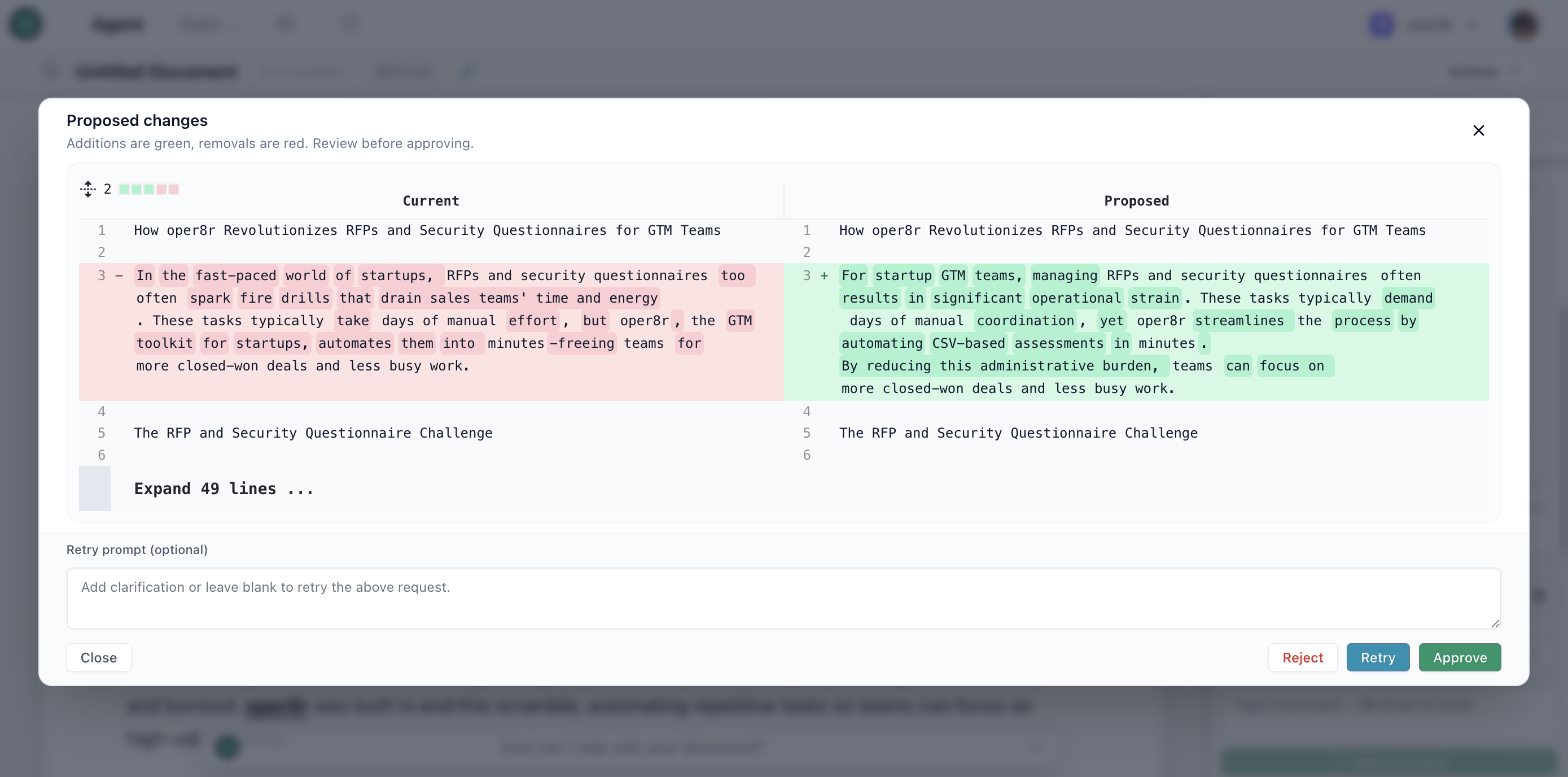 Content modification proposal diff modal showing before and after text with accept and reject buttons