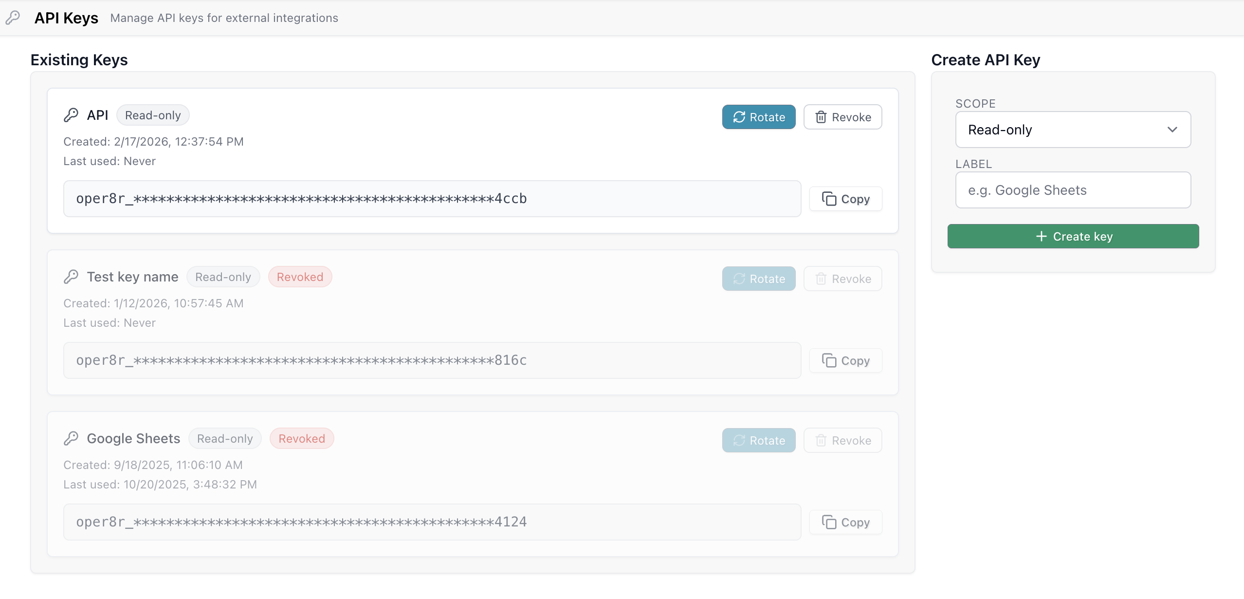 API Keys manager showing a list of keys with labels, scopes, and last used timestamps