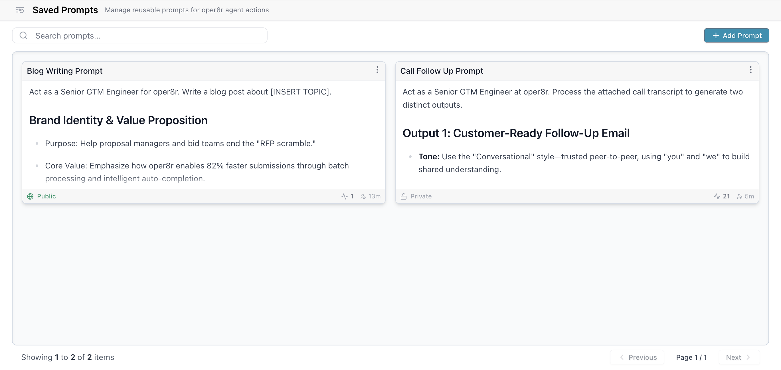 Saved Prompt management interface