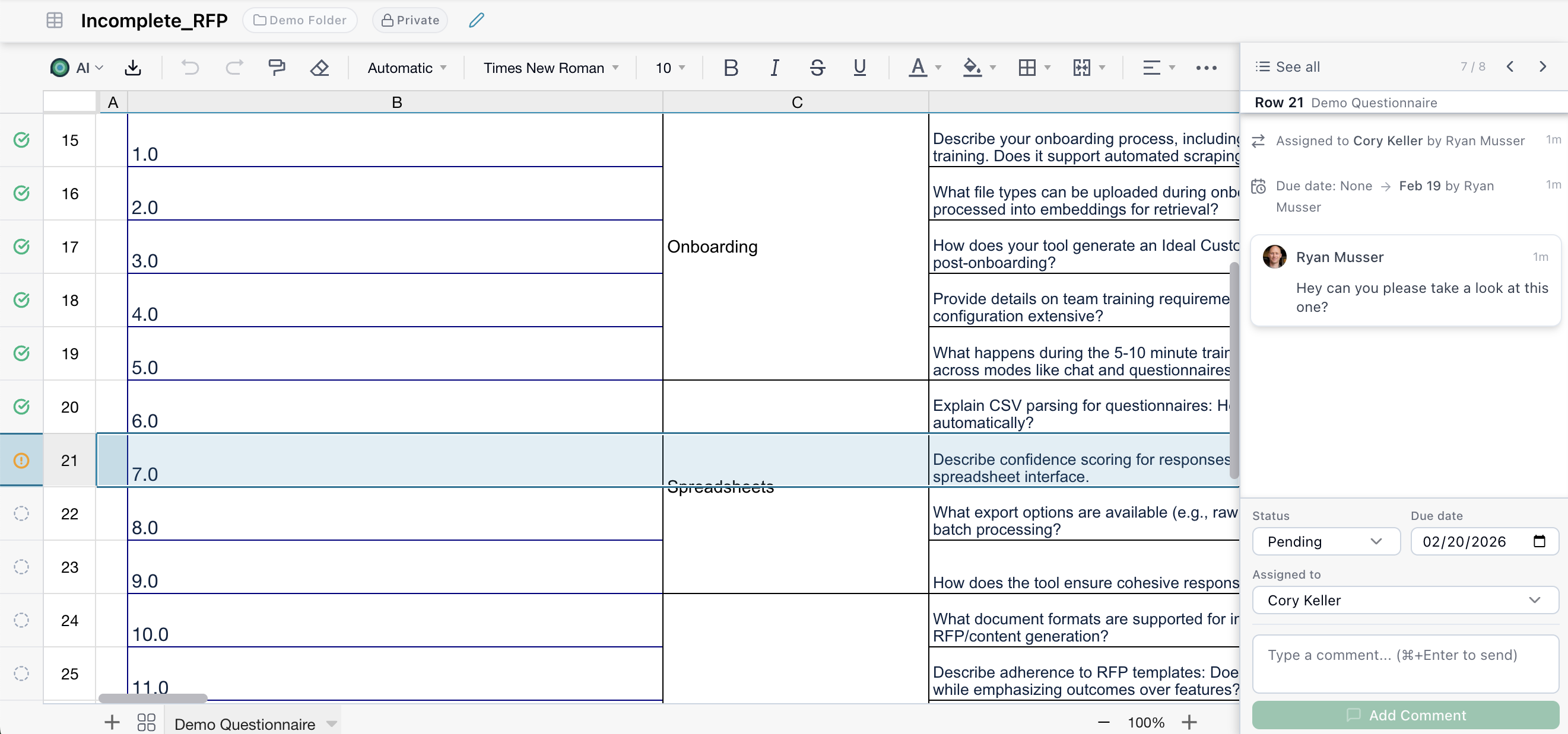 Creating a new task annotation on a selected spreadsheet row with assignment and status options