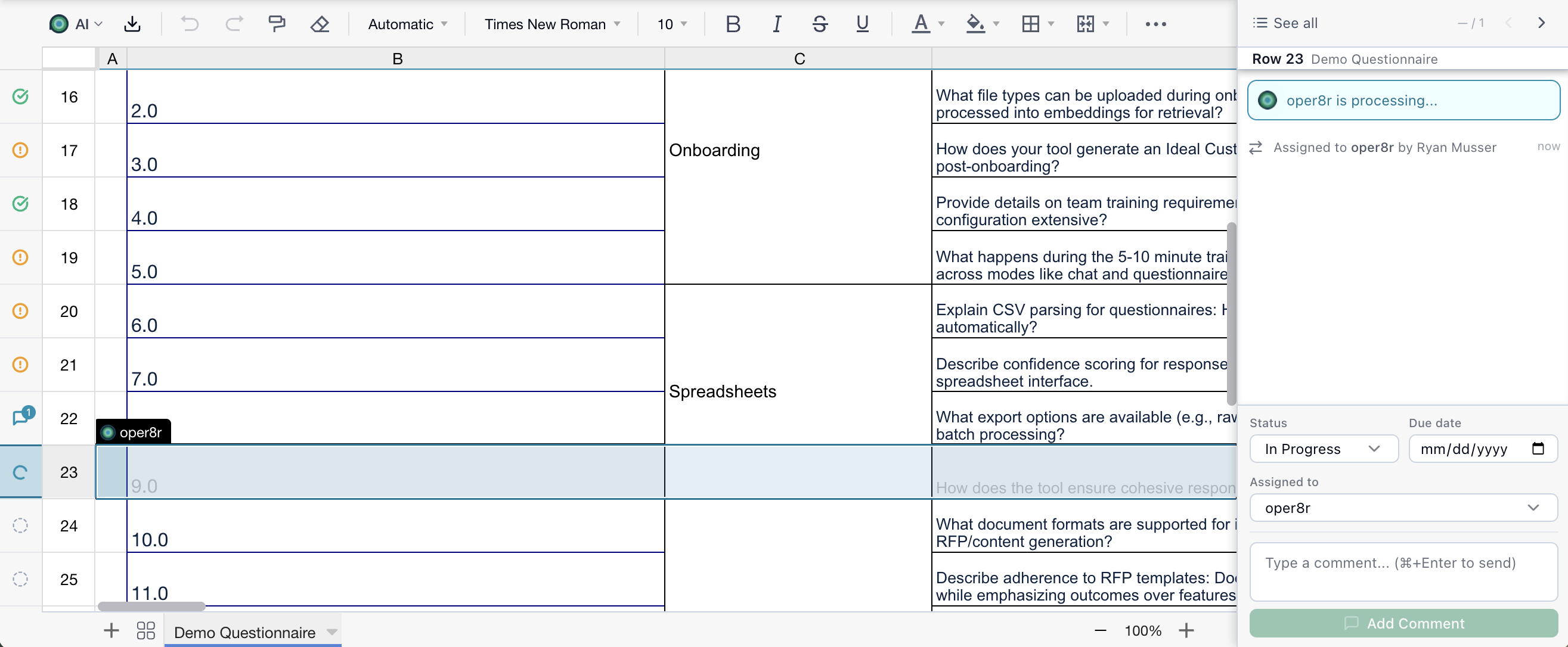 Row header rail with a mix of green check, comment bubble, warning, and AI processing indicators