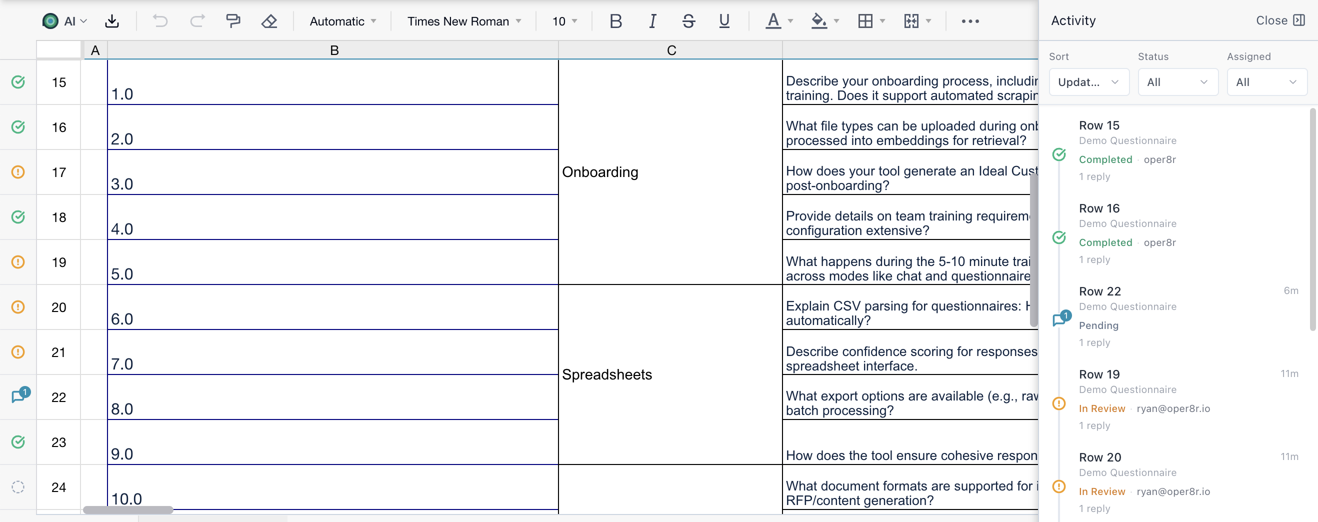 Item Annotation Tray in list view showing all session annotations with status and assignee filter dropdowns