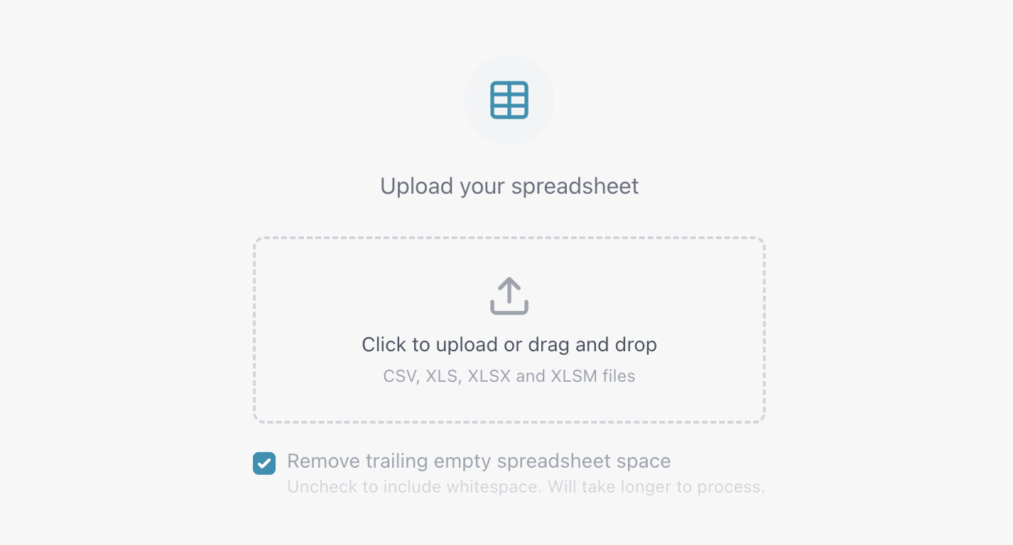 Uploading an CSV, XLS, XLSX, XLSM or ODS file to start a new spreadsheet session File upload dialog supporting CSV, XLS, XLSX, XLSM or ODS formats for RFP and questionnaire imports