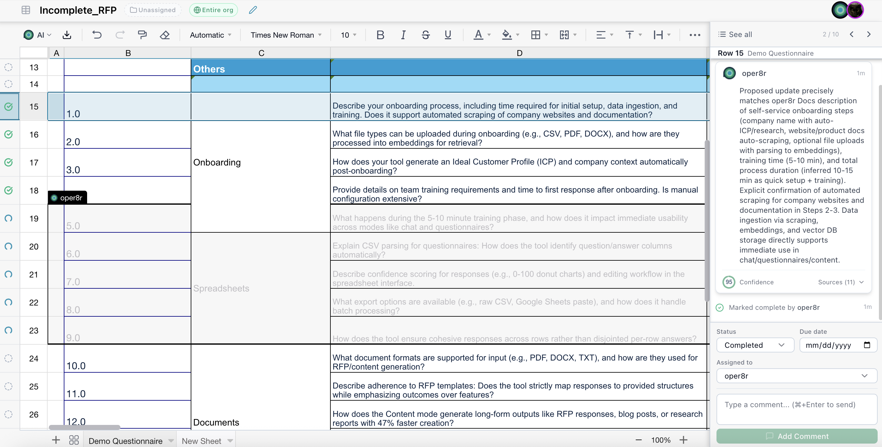 Spreadsheet with multiple rows showing different annotation statuses - pending, in progress, completed