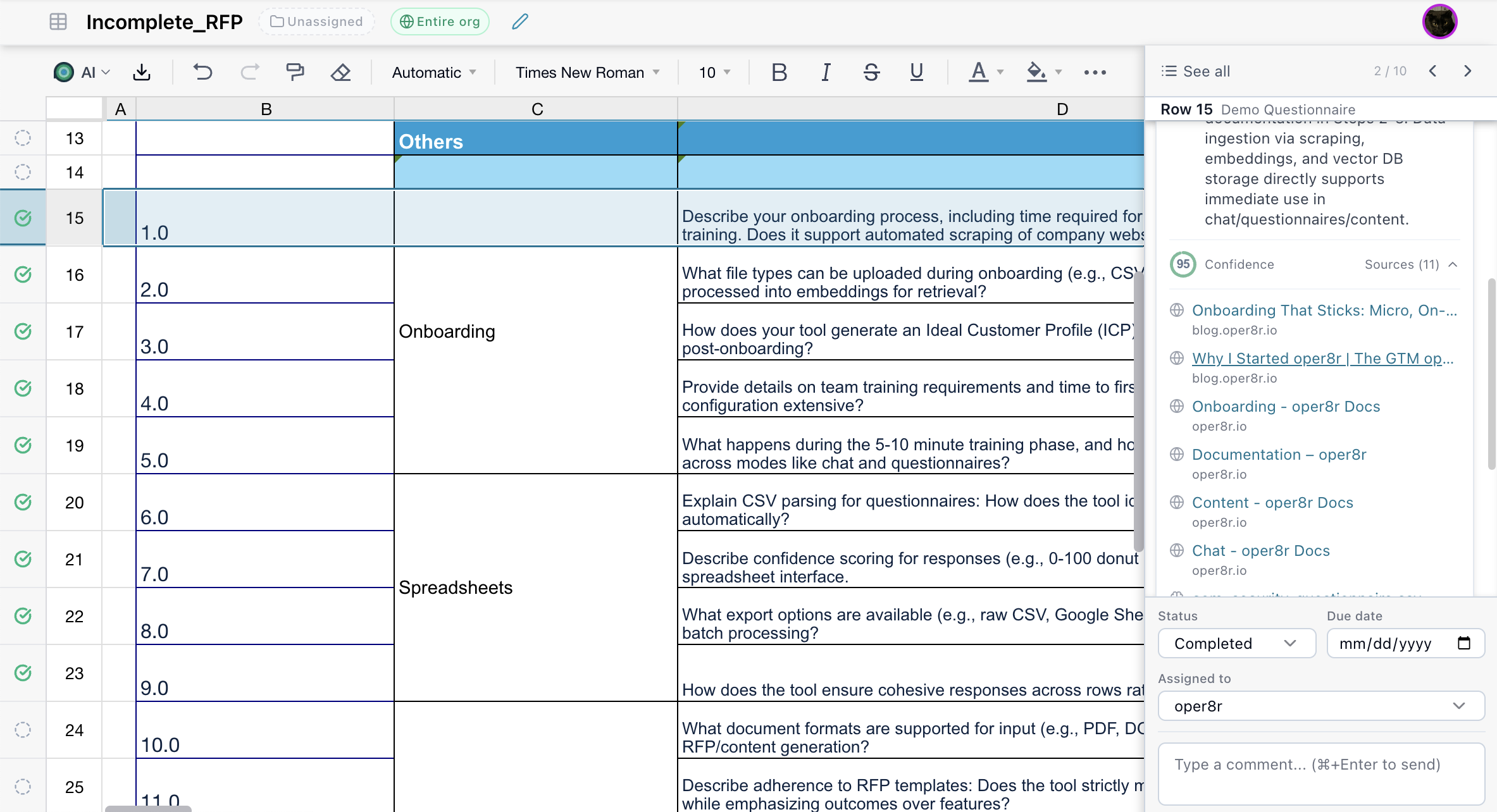 AI confidence scoring with visual donut chart for each generated response Spreadsheet row showing a confidence score donut chart and source citation indicators